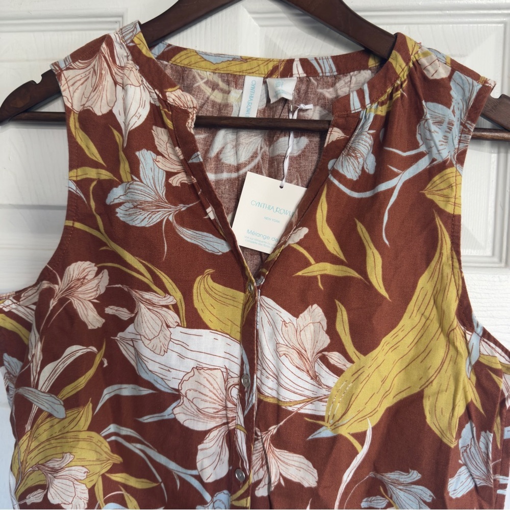 Cynthia Rowley Linen Blend Hawaiian Floral Print Button Up Sleeveless Top S - Picture 2 of 6